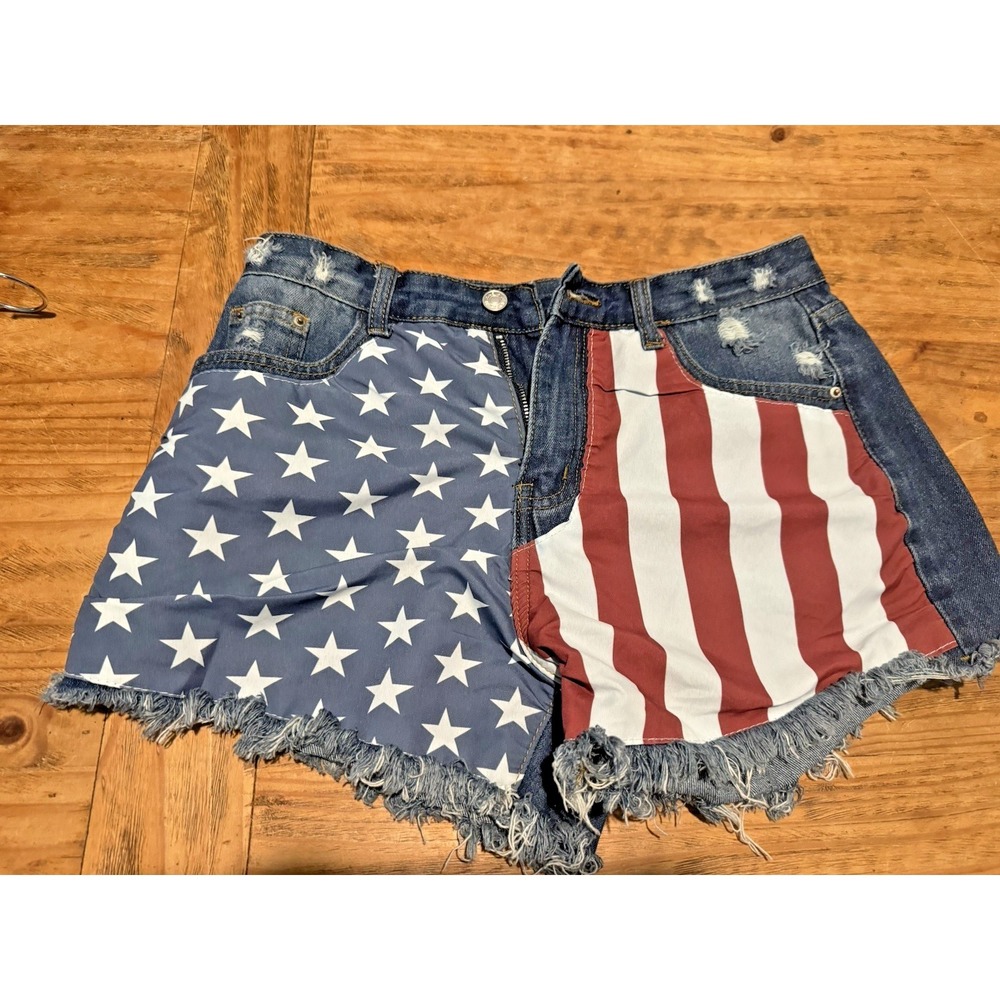 American Flag Women's Shorts Sz L Distressed Cut Off Flag Cowboy Patriotic - Picture 2 of 8